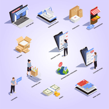 Shopping online isometric icons set with mobile apps and people vector illustration