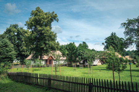 Old farm buildings and a court surrounded by trees in a countryside scenery on a beautiful, sunny dummer day. Zwierzyniec, Roztocze, Poland.のeditorial素材