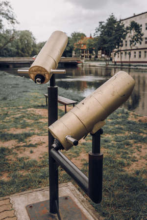 Double observation telescope, river in the background, DarÅowo Polandの写真素材