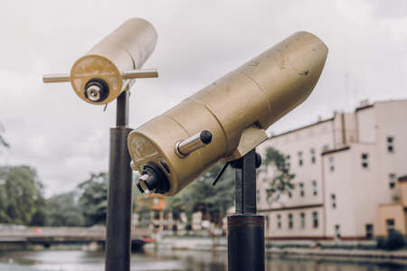 Double observation telescope, river in the background, DarÅowo Polandの写真素材
