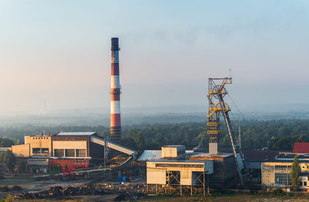 Beautiful view on coal mining 'Boze Dary' in Katowice, Silesia, Poland seen from mining heap at...