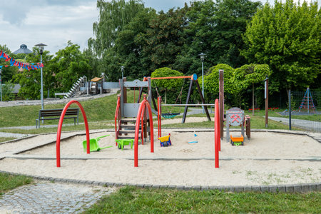 Zabrze, Poland - June 19, 2023: Park 12C in Zabrze near Queen Luiza Adit. Educational zone and playground. Playground toys stylized as mining infrastructure devices.のeditorial素材