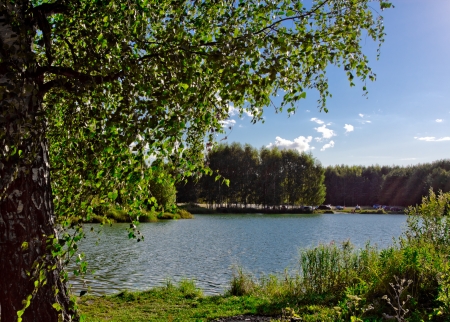Camping near the river  A sunny day  Yaroslavl, Russiaの写真素材