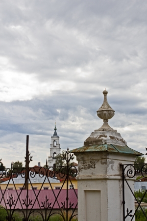 The fence of the church of St. Nicholas (Epiphany). Nerekhta, Russia. cloudy Dayの写真素材