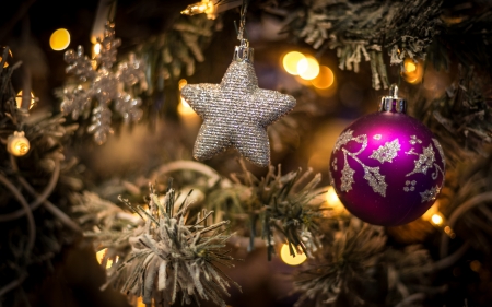 Christmas toys hung on the Christmas tree in the festive eveningの写真素材