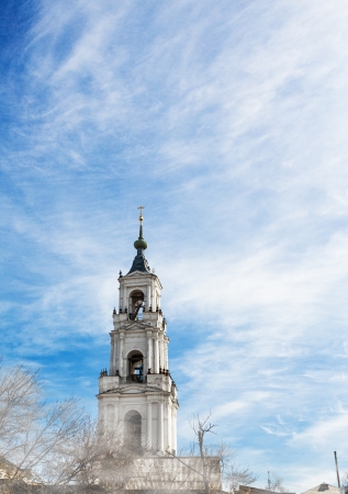 High bell tower in the fog, Nerekhta, Russiaの写真素材