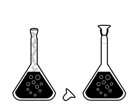 Chemical volumetric flask with solution - laboratory glassware, 2d illustration, isolated on whiteのイラスト素材