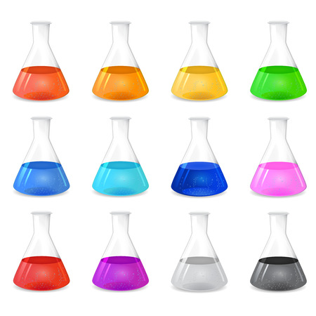 Chemical conical flask icon set with different colored solutions, 3d illustration, isolated on white backgroundのイラスト素材