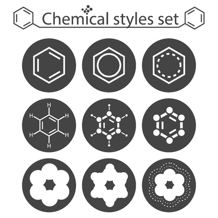 Chemical style icon set on round gray plates, 2d illustration, vectorのイラスト素材