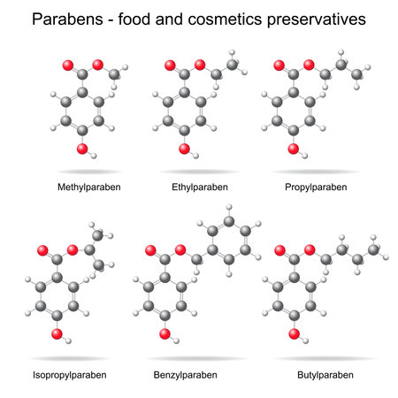 Parabens - food, cosmetic and pharmaceutical preservatives, 3d models, ball and stick style, isolated, vectorのイラスト素材