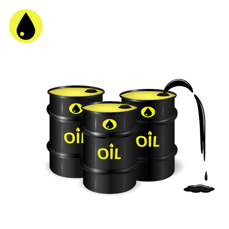 Three oil barrels with oil spill and slick, oil drop vector icon, 2d and 3d vector objects, eps 10のイラスト素材