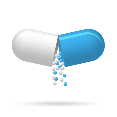 Opened medical pill with fall out pellets, 3d vector object illustration on white backgroundのイラスト素材