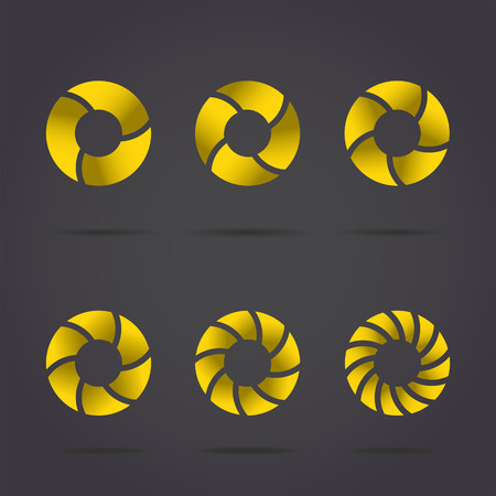 Segmented circles on dark background, gold discs set, 2d illustrationのイラスト素材