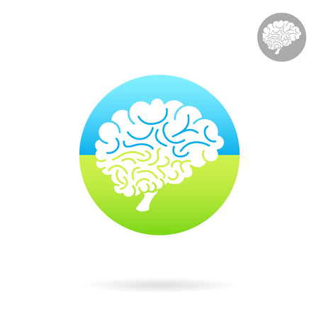 Medical icon of brain on colored round plate, side view, 2d vector icon, medical logo illustrationのイラスト素材