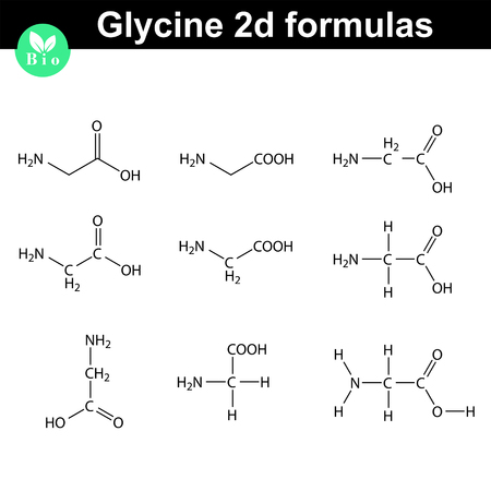 Glycine 2d chemical formulas drawn in different styles, vector molecular structureのイラスト素材