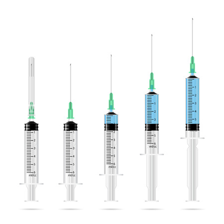 Empty medical syringes and syringes with drug solution in a row, 3d vector illustration, isolated on whiteのイラスト素材
