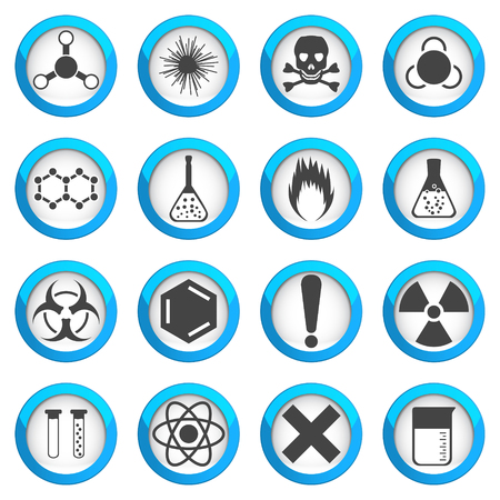 Chemical icons set on light round plates, 2d 16 vector signs, eps 10のイラスト素材
