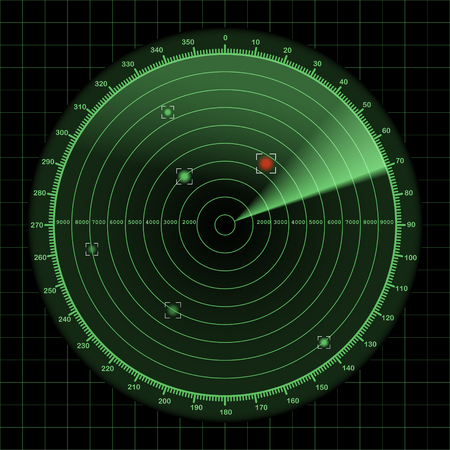 Radar or sonar screen, detection monitor background with grid, 2d illustration on dark backgroundのイラスト素材