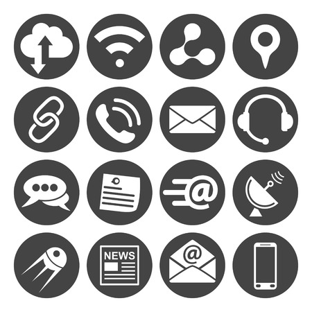 Connection and communication icons set, 16 vector signs on dark round pad.のイラスト素材