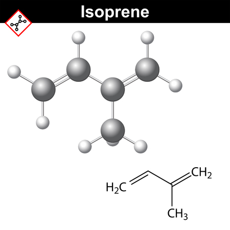 Isoprene chemical molecular formula, conjugated diene class, monomer of rubber, 2d and 3d vector illustration, isolated on white background