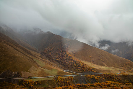 Breathtaking Misty Mountain Landscape Exhibiting Autumn Colors Against a Cloudy Skyの写真素材