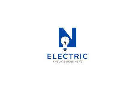 N Letter Logo Design With Light bulb and lightning bolt. Electric Bolt Letter.のイラスト素材