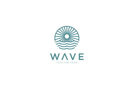 Abstract Seascape Logo. Vintage Circular Sun and Sea Wave Combination isolated on White Background. Flat Vector Logo Design Template Element.のイラスト素材