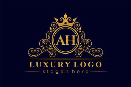 AH Initial Letter Gold calligraphic feminine floral hand drawn heraldic monogram antique vintage style luxury logo design Premiumのイラスト素材