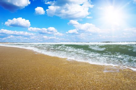 Golden sand on sunny beach of atlantic oceanの写真素材