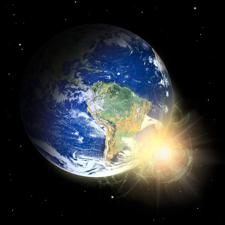 Real Earth Planet. In deep space. Solar spot prominence.の写真素材