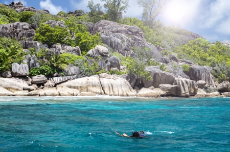 A young male snorkeler at an island coral reef with turtle  La digue, seychelles の写真素材
