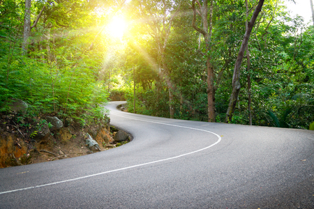 Beautiful asphalt road in palm jungle. Sunset on Seychelles.の写真素材