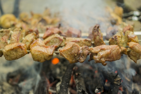 Process of preparation of a shish kebab, from uncooked to the cookedの写真素材