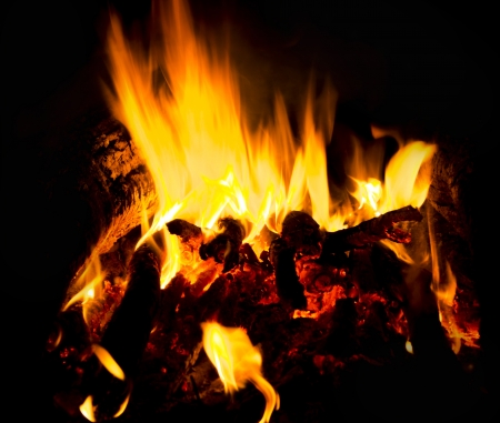 Flames of a campfire in the nightの写真素材