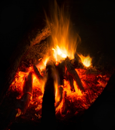 Flames of a campfire in the nightの写真素材