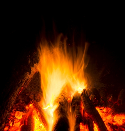 Flames of a campfire in the nightの写真素材