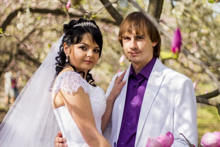 Newlyweds on nature background with blossoming magnoliasの写真素材