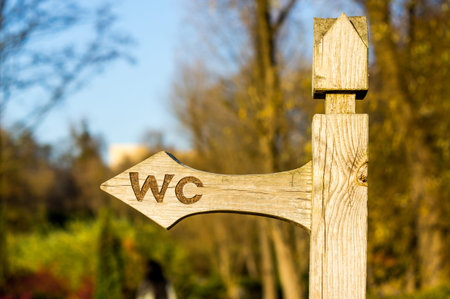 Old wooden arrow indicating the direction in parkの写真素材