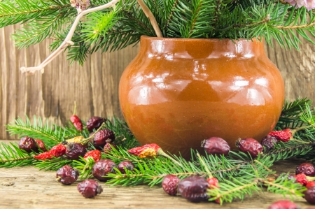 Bright christmas composition on wooden backgroundの写真素材
