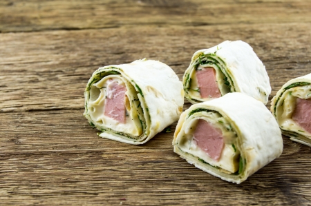lavash rolls on wooden backgroundの写真素材