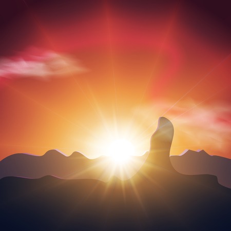 Beautiful sunset in the mountains. Orange sky, long and bright rays of the sun. のイラスト素材