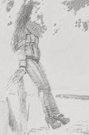 Young pretty woman in park. Effect pencilの写真素材