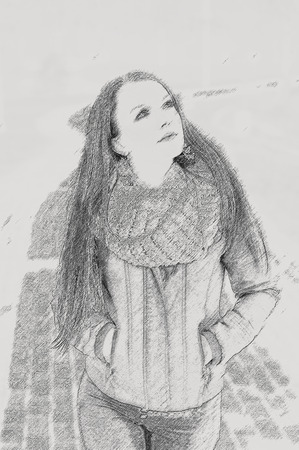 Young pretty woman in park. Effect pencilの写真素材