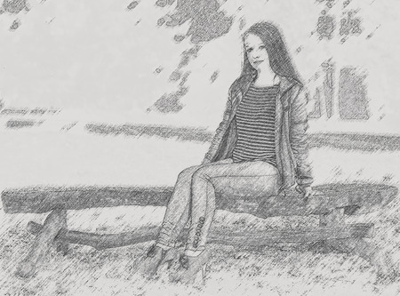 Young beautiful student brunette sitting on a bench. effect pencilの写真素材
