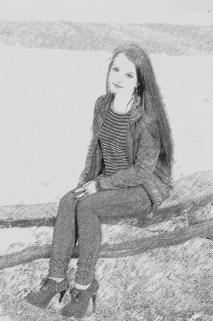 Young beautiful student brunette sitting on a bench. effect pencilの写真素材