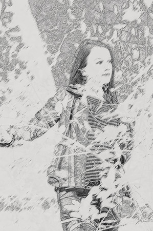 Young pretty woman in park. Effect pencilの写真素材