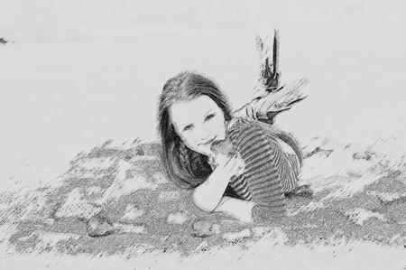 young woman lying down on the ground in park. Effect pencilの写真素材