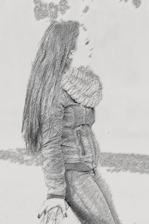 Young pretty woman in park. Effect pencilの写真素材