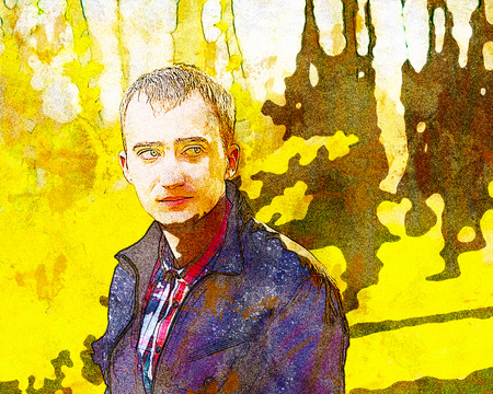 handsome young man in autumn park.the effect of oil paintsの写真素材