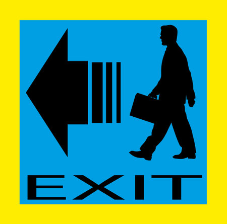 Exit emergency sign door with human figure, label, icon.